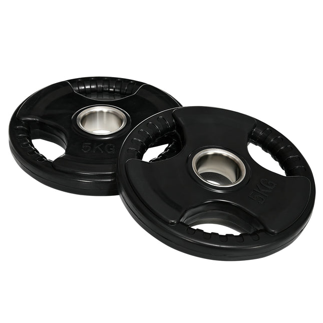 A pair of 5kg rubber Olympic Tri-Grip weight plates