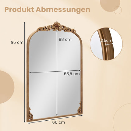 Arched Baroque Wall Mirror, Gold Metal Frame, 95x66 cm
