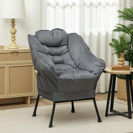 Gray Velvet Lounge Chair with side pocket and steel legs