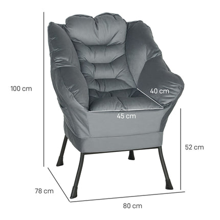 Gray Velvet Lounge Chair with side pocket and steel legs