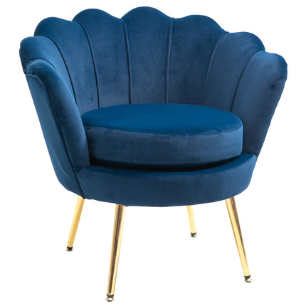Blue shell-shaped upholstered velvet armchair with metal legs