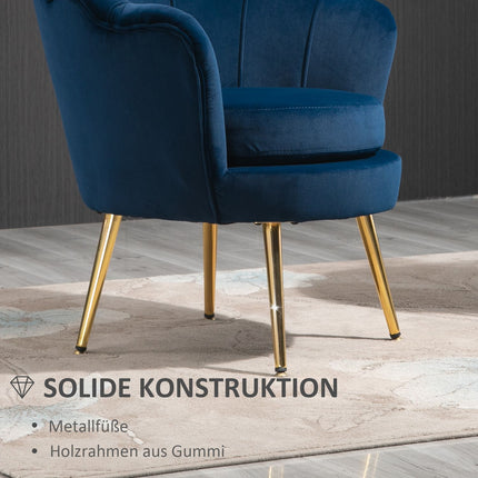 Blue shell-shaped upholstered velvet armchair with metal legs
