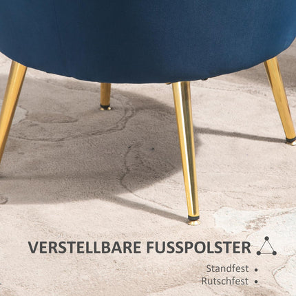 Blue shell-shaped upholstered velvet armchair with metal legs
