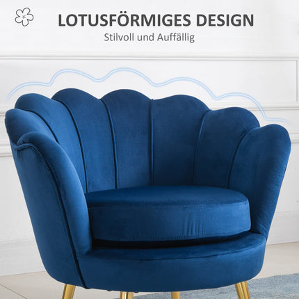 Blue shell-shaped upholstered velvet armchair with metal legs