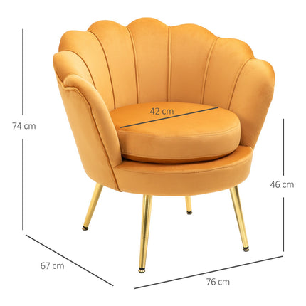 Upholstered shell-shaped armchair with metal legs, yellow