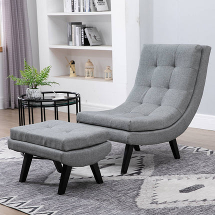 Gray chaise longue in linen with footstool - rubberwood legs