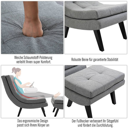Gray chaise longue in linen with footstool - rubberwood legs