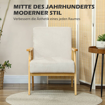 Cream white armchair with armrests & wooden legs
