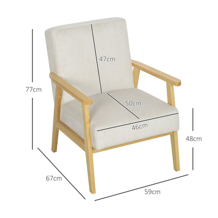 Cream white armchair with armrests & wooden legs