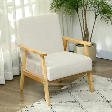 Cream white armchair with armrests & wooden legs
