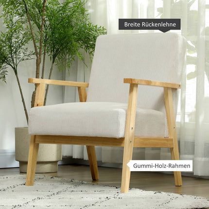 Cream white armchair with armrests & wooden legs