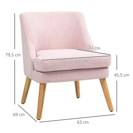 Pink lounge chair in linen look with armrests, wooden legs