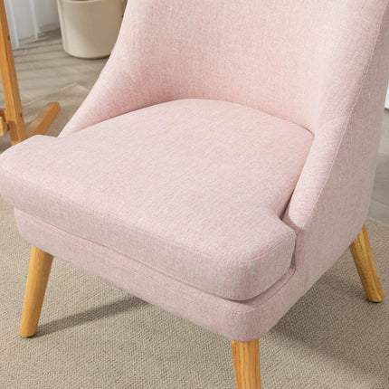 Pink lounge chair in linen look with armrests, wooden legs