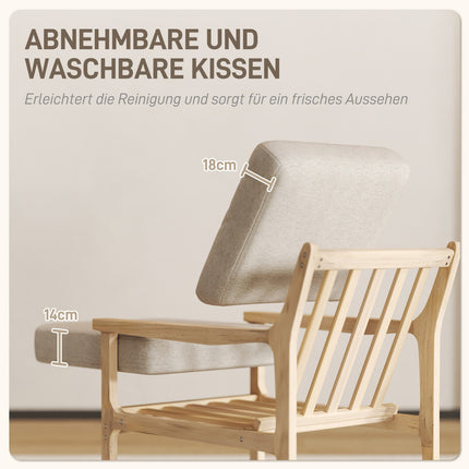 Beige armchair in linen look with wooden legs and removable cushions