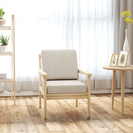 Beige armchair in linen look with wooden legs and removable cushions