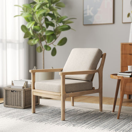 Beige armchair in linen look with wooden legs and removable cushions