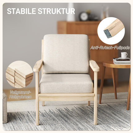 Beige armchair in linen look with wooden legs and removable cushions