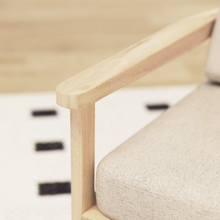 Beige armchair in linen look with wooden legs and removable cushions