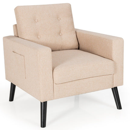 Armchair with 2 side pockets 53cm seat depth wing chair with armrests and back cushion 75 x 81 x 86 cm beige