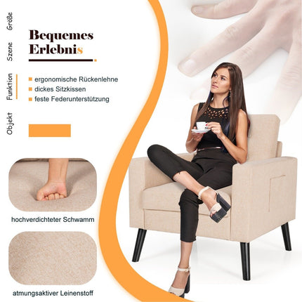 Armchair with 2 side pockets 53cm seat depth wing chair with armrests and back cushion 75 x 81 x 86 cm beige