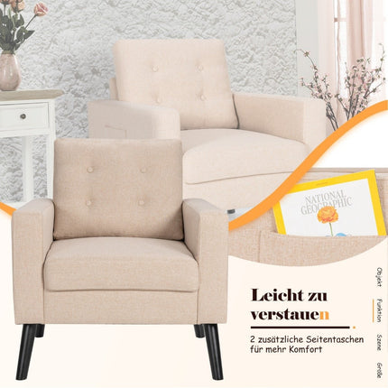 Armchair with 2 side pockets 53cm seat depth wing chair with armrests and back cushion 75 x 81 x 86 cm beige