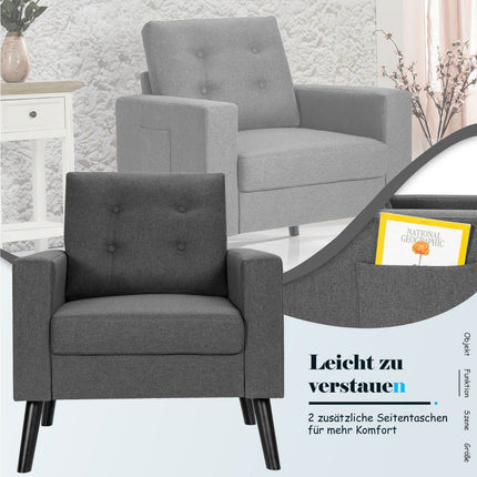 Armchair with 2 side pockets Wing chair with armrests and back cushions 75 x 81 x 86 cm Gray 53cm seat depth