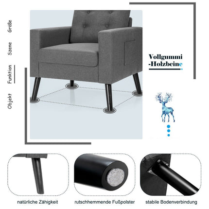 Armchair with 2 side pockets Wing chair with armrests and back cushions 75 x 81 x 86 cm Gray 53cm seat depth