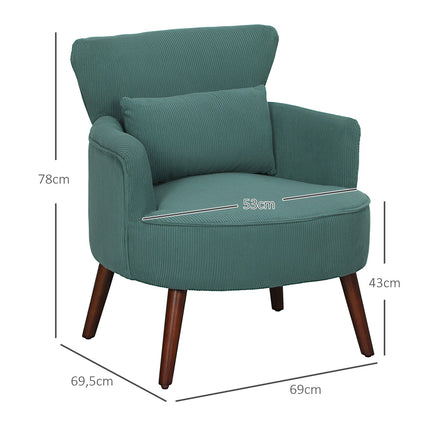Dark green upholstered armchair, cord look, wooden legs