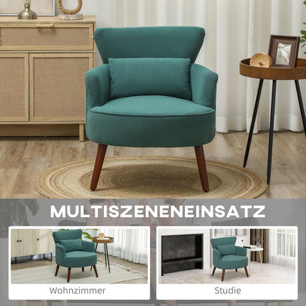 Dark green upholstered armchair, cord look, wooden legs