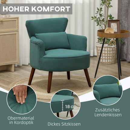 Dark green upholstered armchair, cord look, wooden legs