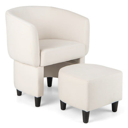 Armchair with footstool, upholstered velvet armchair, club armchair, solid wood, beige