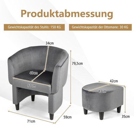 Armchair with footstool, upholstered velvet armchair, club chair, solid wood, grey