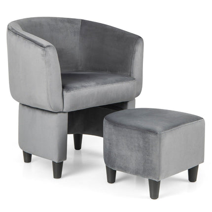 Armchair with footstool, upholstered velvet armchair, club chair, solid wood, grey