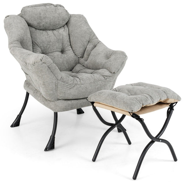 Armchair with stool & armrests & side pocket & double-sided footrest relaxation chair gray