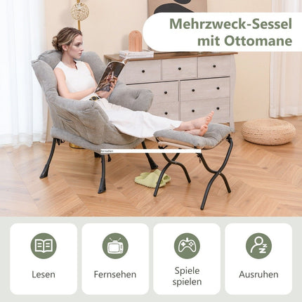 Armchair with stool & armrests & side pocket & double-sided footrest relaxation chair gray