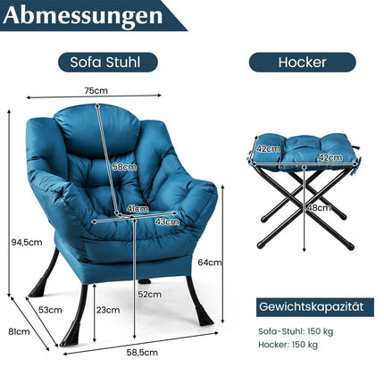 Armchair with stool & armrests & side pocket & footrest relaxation chair wing chair blue