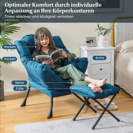 Armchair with stool & armrests & side pocket & footrest relaxation chair wing chair blue