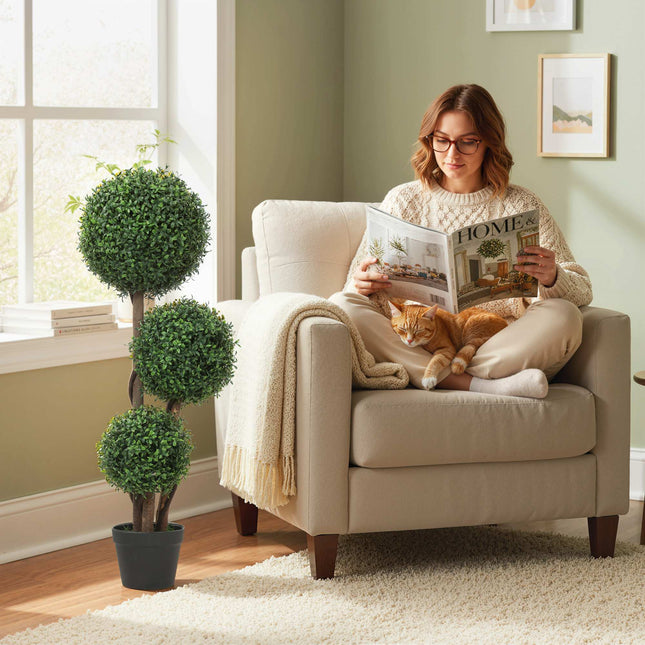 Artificial Boxwood Topiary, Triple Ball Design, 100 cm, Green