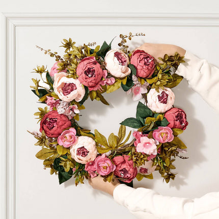 Artificial Floral Wreath 19 in, Pink Peony Hydrangea