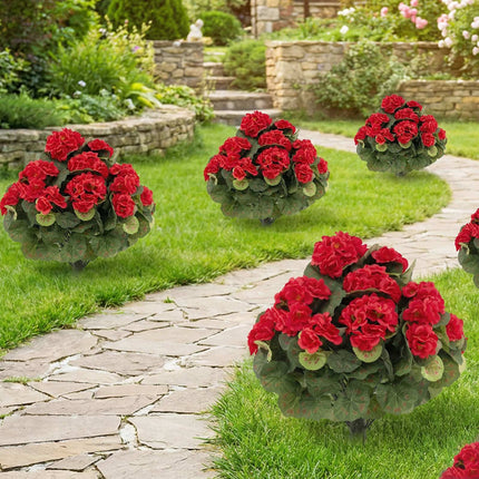 Artificial Geraniums Set of 2, Red, With Ground Stakes