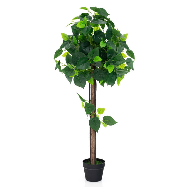 Artificial hydrangea tree in a pot with a real wooden trunk. Decorative artificial plant silk tree