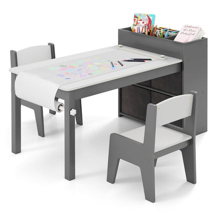 Art table and chair set for children. Drawing table with 2 chairs, paper roll and paper roll holder. Grey