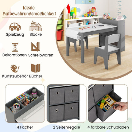 Art table and chair set for children. Drawing table with 2 chairs, paper roll and paper roll holder. Grey