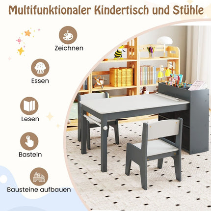 Art table and chair set for children. Drawing table with 2 chairs, paper roll and paper roll holder. Grey