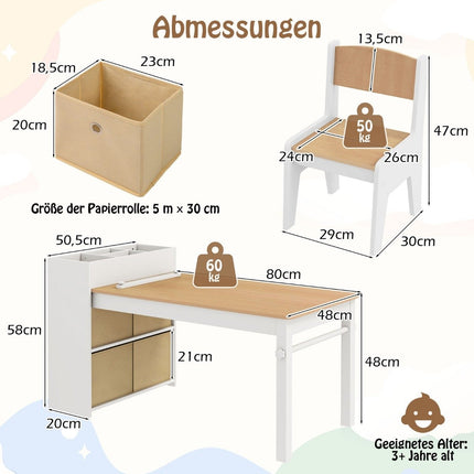 Art table and chair set for children. Drawing table with 2 chairs, paper roll and paper roll holder. Natural