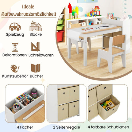Art table and chair set for children. Drawing table with 2 chairs, paper roll and paper roll holder. Natural