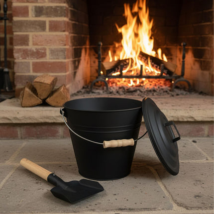 Ash Bucket with Brush & Shovel – Powder-Coated Iron