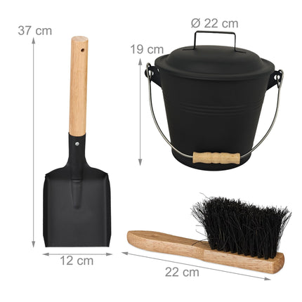 Ash Bucket with Brush and Shovel Set, Black Iron