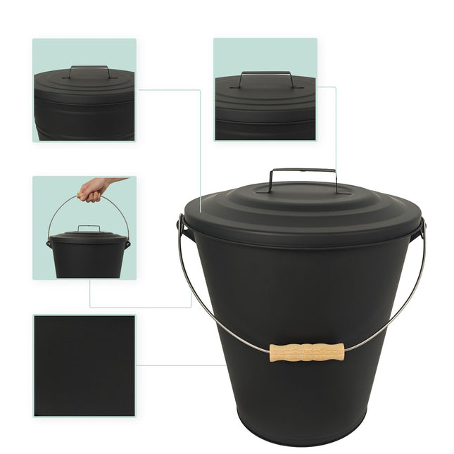 Ash Bucket with Brush and Shovel Set, Black Iron