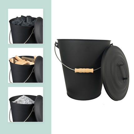 Ash Bucket with Brush and Shovel Set, Black Iron
